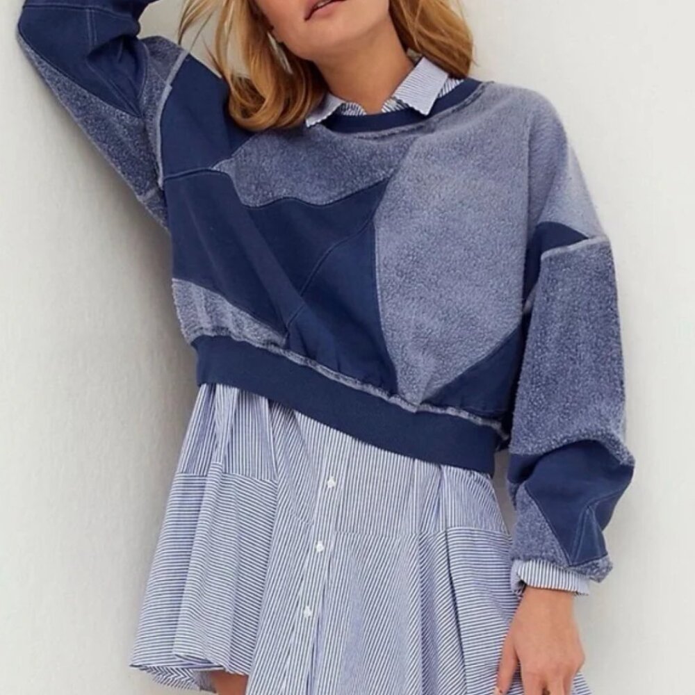 Free People We The Free Touch of Blue Grey Cropped Patchwork Sweatshirt Large